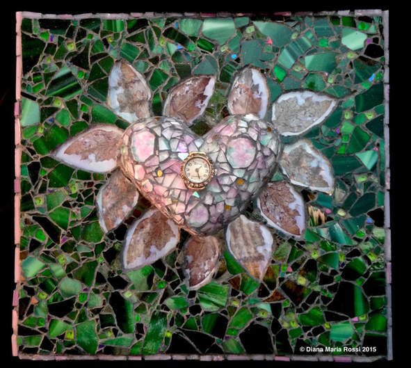 glass heart mosaic. the heart is clear glass over drawings of violets. the drawings are lavender and some green. the background is green with purple flecks and the spokes around the heart are photos of a leaf that looks like wings! there is a clock face in the middle of the heart
